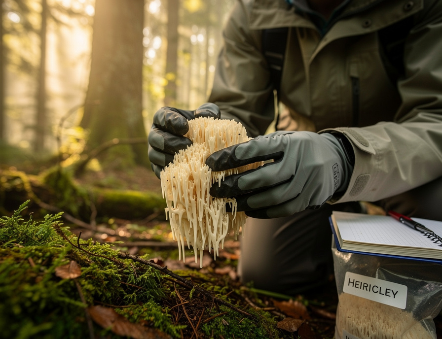 Mycologist studying mushroom specimens